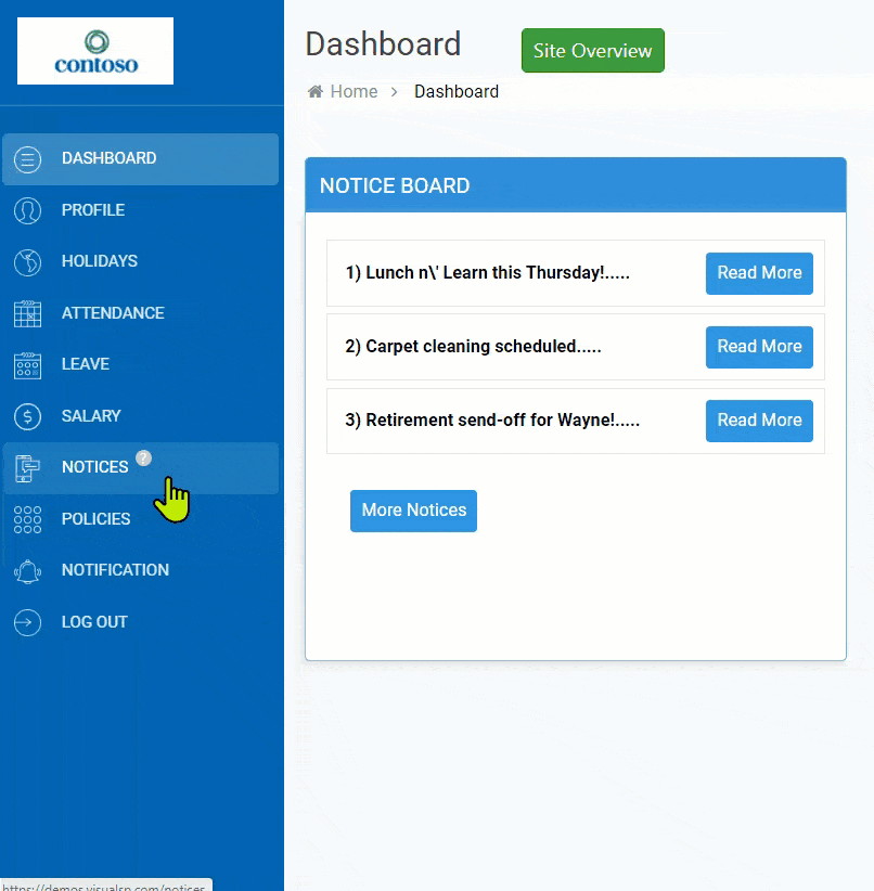 Custom HR application inline icon next to Notices gets clicked and info about it appears