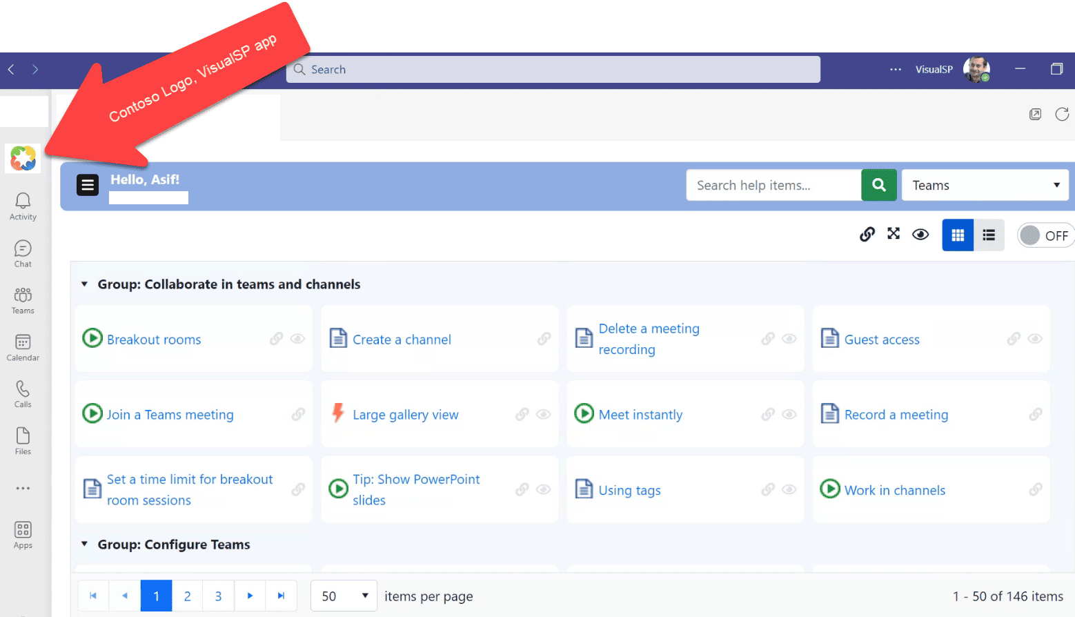VisualSP Teams app with Contoso logo on left rail
